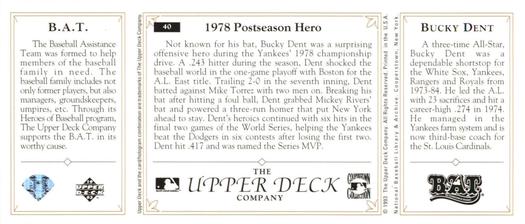 1993 Upper Deck All-Time Heroes #40 Bucky Dent Back