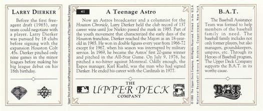 1993 Upper Deck All-Time Heroes #41 Larry Dierker Back