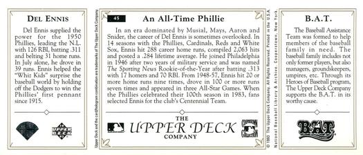 1993 Upper Deck All-Time Heroes #45 Del Ennis Back