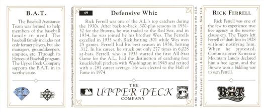 1993 Upper Deck All-Time Heroes #49 Rick Ferrell Back