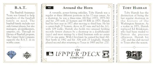 1993 Upper Deck All-Time Heroes #62 Toby Harrah Back