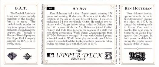 1993 Upper Deck All-Time Heroes #66 Ken Holtzman Back