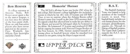 1993 Upper Deck All-Time Heroes #67 Bob Horner Back