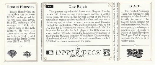 1993 Upper Deck All-Time Heroes #68 Rogers Hornsby Back