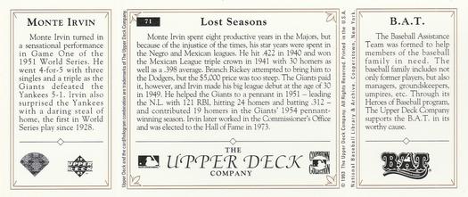 1993 Upper Deck All-Time Heroes #71 Monte Irvin Back