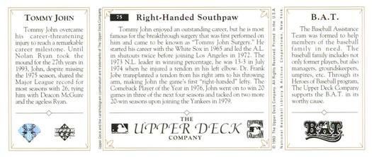 1993 Upper Deck All-Time Heroes #75 Tommy John Back