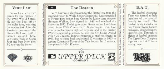 1993 Upper Deck All-Time Heroes #81 Vern Law Back
