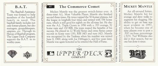 1993 Upper Deck All-Time Heroes #87 Mickey Mantle Back