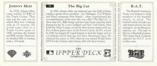 1993 Upper Deck All-Time Heroes #96 Johnny Mize Back