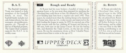 1993 Upper Deck All-Time Heroes #109 Al Rosen Back
