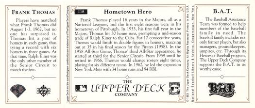 1993 Upper Deck All-Time Heroes #118 Frank Thomas Back