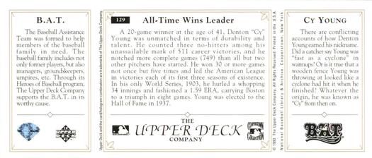 1993 Upper Deck All-Time Heroes #129 Cy Young Back