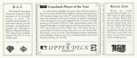 1993 Upper Deck All-Time Heroes #130 Richie Zisk Back