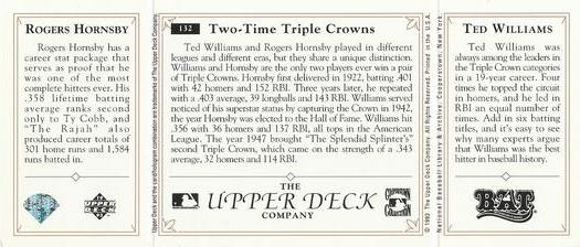 1993 Upper Deck All-Time Heroes #132 Ted Williams / Rogers Hornsby Back