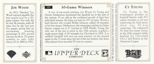 1993 Upper Deck All-Time Heroes #157 Cy Young / Joe Wood / Christy Mathewson Back