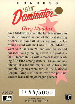 1993 Donruss - Elite Dominators #3 Greg Maddux Back