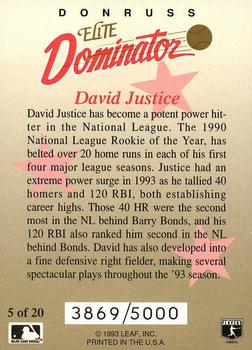 1993 Donruss - Elite Dominators #5 David Justice Back
