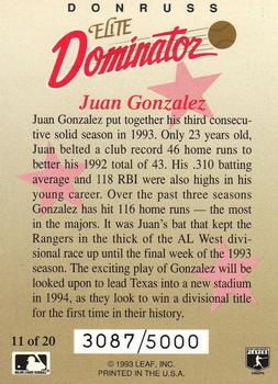 1993 Donruss - Elite Dominators #11 Juan Gonzalez Back
