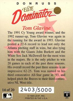 1993 Donruss - Elite Dominators #14 Tom Glavine Back