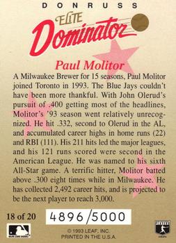 1993 Donruss - Elite Dominators #18 Paul Molitor Back