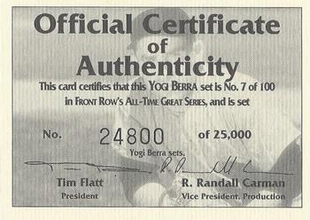 1992 Front Row All-Time Greats Yogi Berra #NNO Certificate of Authenticity Front