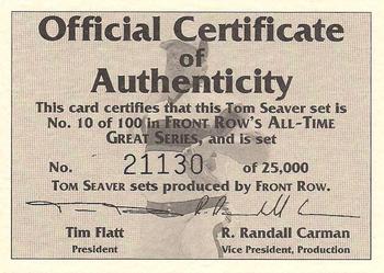1992 Front Row All-Time Greats Tom Seaver #NNO Certificate of Authenticity Front