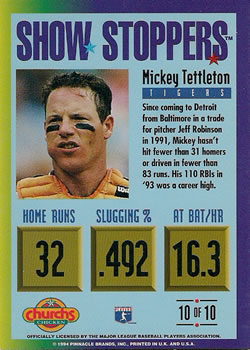 1994 Pinnacle Church's Hometown Stars - Show Stoppers #10 Mickey Tettleton Back