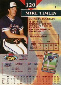 1993 Stadium Club - First Day Production #120 Mike Timlin Back
