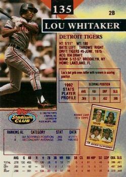 1993 Stadium Club - First Day Production #135 Lou Whitaker Back