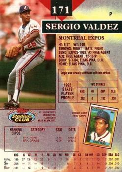 1993 Stadium Club - First Day Production #171 Sergio Valdez Back
