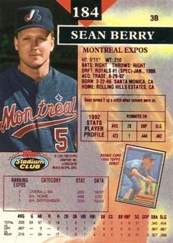 1993 Stadium Club - First Day Production #184 Sean Berry Back