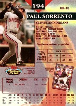 1993 Stadium Club - First Day Production #194 Paul Sorrento Back