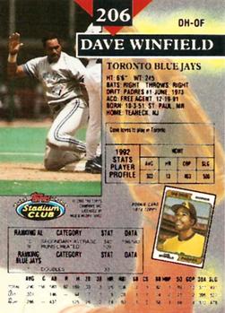 1993 Stadium Club - First Day Production #206 Dave Winfield Back