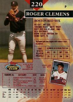 1993 Stadium Club - First Day Production #220 Roger Clemens Back