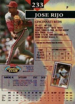 1993 Stadium Club - First Day Production #233 Jose Rijo Back