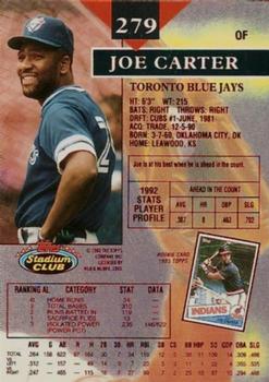1993 Stadium Club - First Day Production #279 Joe Carter Back