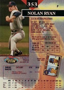 1993 Stadium Club - First Day Production #353 Nolan Ryan Back