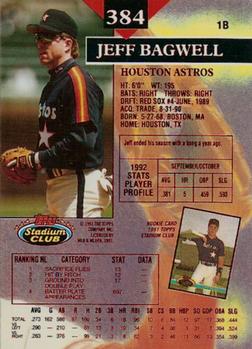 1993 Stadium Club - First Day Production #384 Jeff Bagwell Back