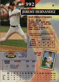 1993 Stadium Club - First Day Production #392 Jeremy Hernandez Back