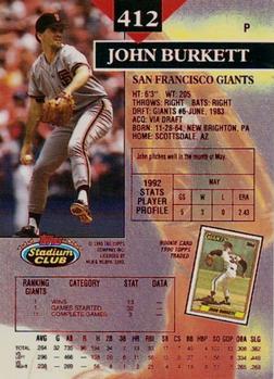 1993 Stadium Club - First Day Production #412 John Burkett Back