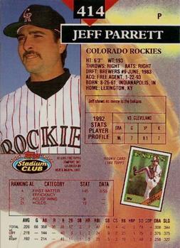 1993 Stadium Club - First Day Production #414 Jeff Parrett Back