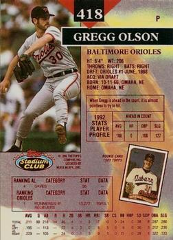 1993 Stadium Club - First Day Production #418 Gregg Olson Back