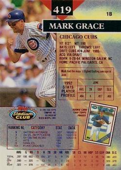 1993 Stadium Club - First Day Production #419 Mark Grace Back