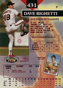 1993 Stadium Club - First Day Production #431 Dave Righetti Back