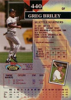 1993 Stadium Club - First Day Production #440 Greg Briley Back