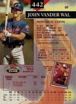 1993 Stadium Club - First Day Production #442 John Vander Wal Back