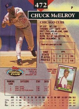 1993 Stadium Club - First Day Production #472 Chuck McElroy Back