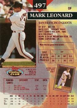 1993 Stadium Club - First Day Production #497 Mark Leonard Back