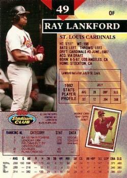 1993 Stadium Club - First Day Production #49 Ray Lankford Back