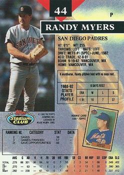 1993 Stadium Club - First Day Production #44 Randy Myers Back